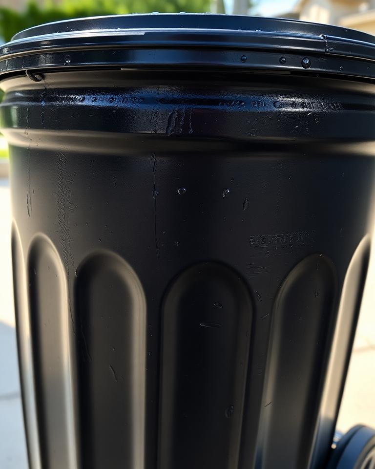 Freshly cleaned residential trash bin with water beading on the surface