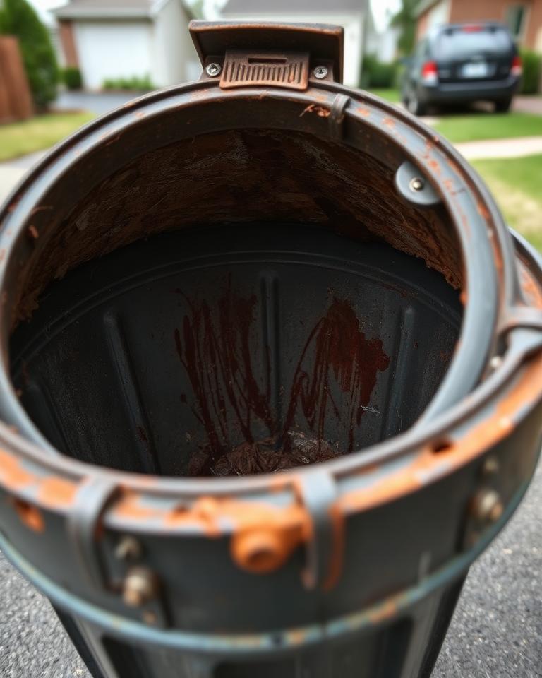 Residential trash bin with heavy grime inside before cleaning